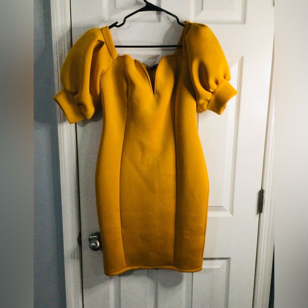 Fashion Nova Mustard Puff Sleeve Mini Dress